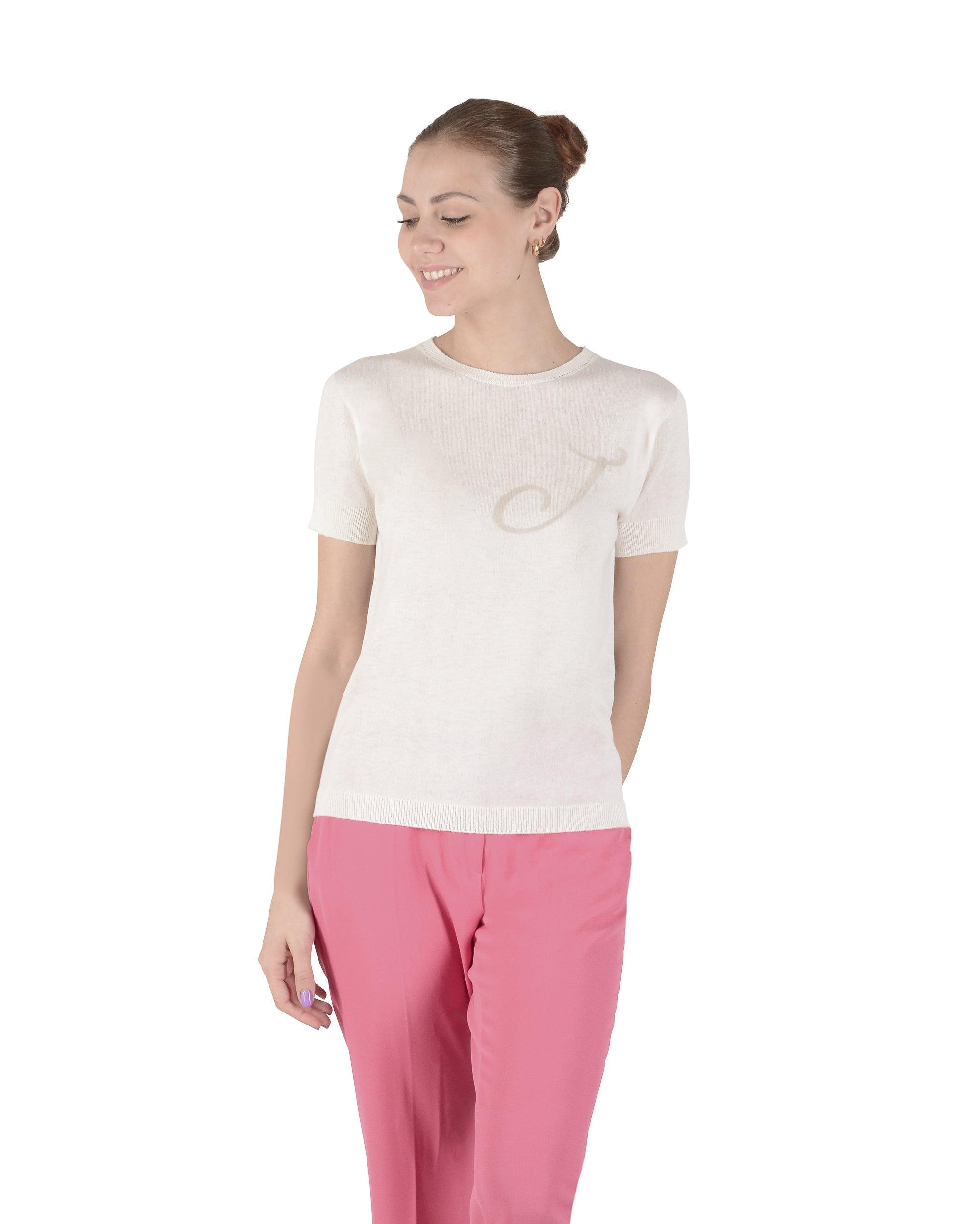 Maglia girocollo estiva in cashmere - Manica corta - Avorio
