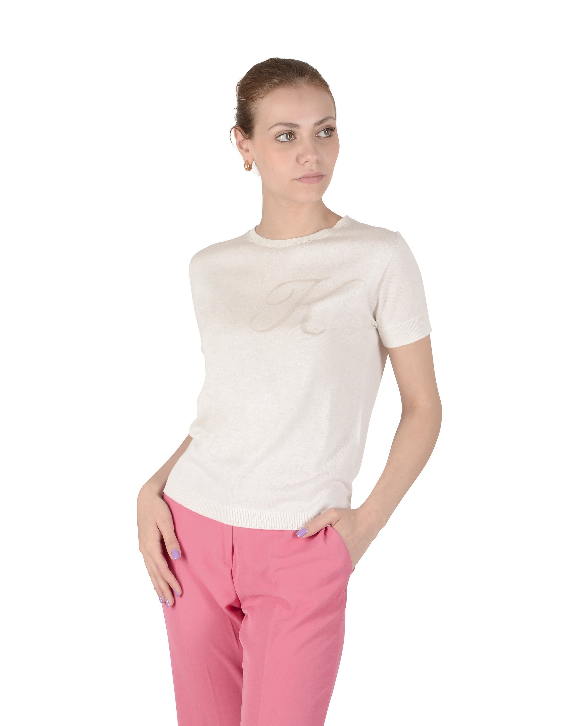 Maglia girocollo estiva in cashmere - Manica corta - Avorio
