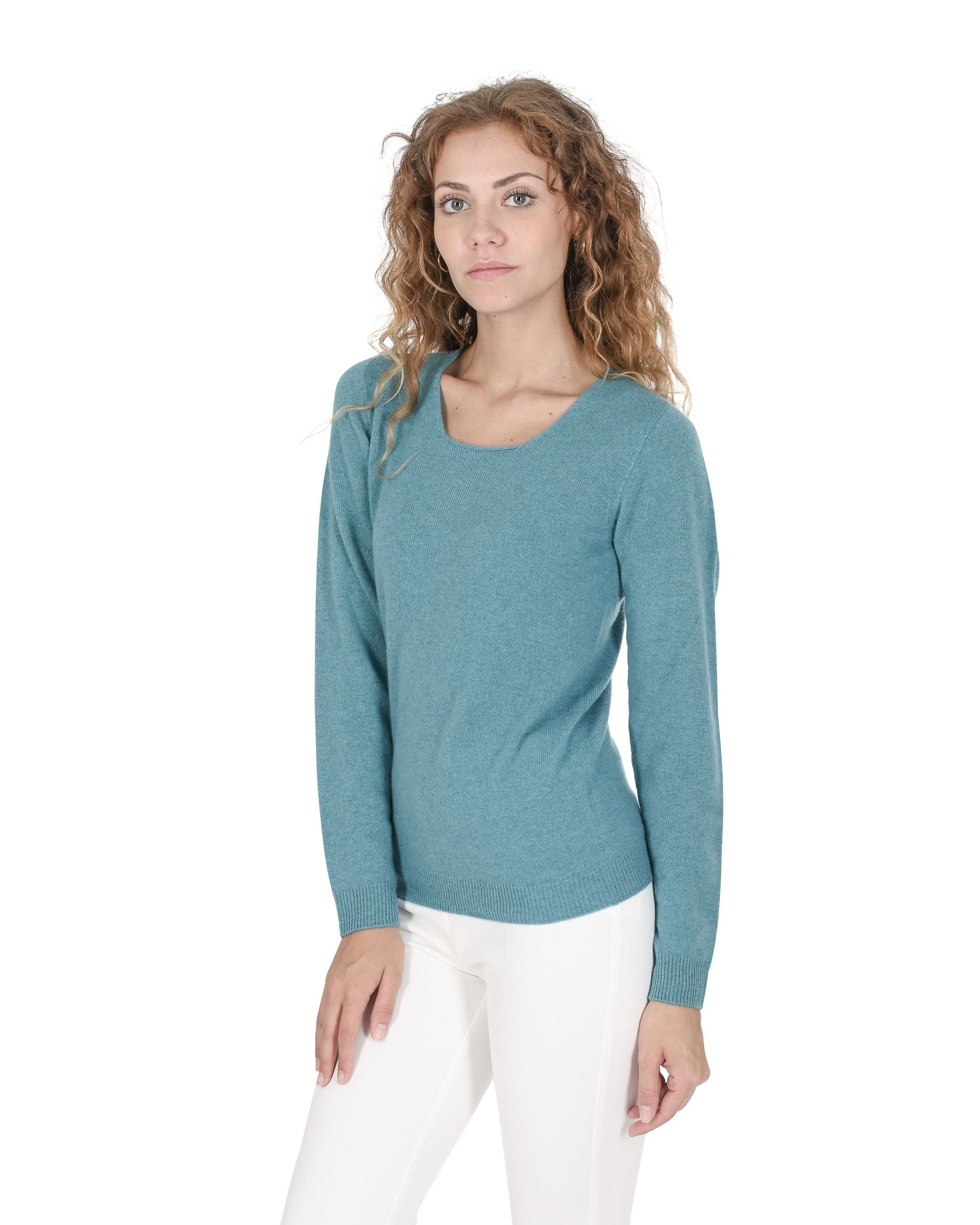 Maglione da donna in cashmere con scollo quadrato Crown of Edinburgh COE 0024 TURCHESE