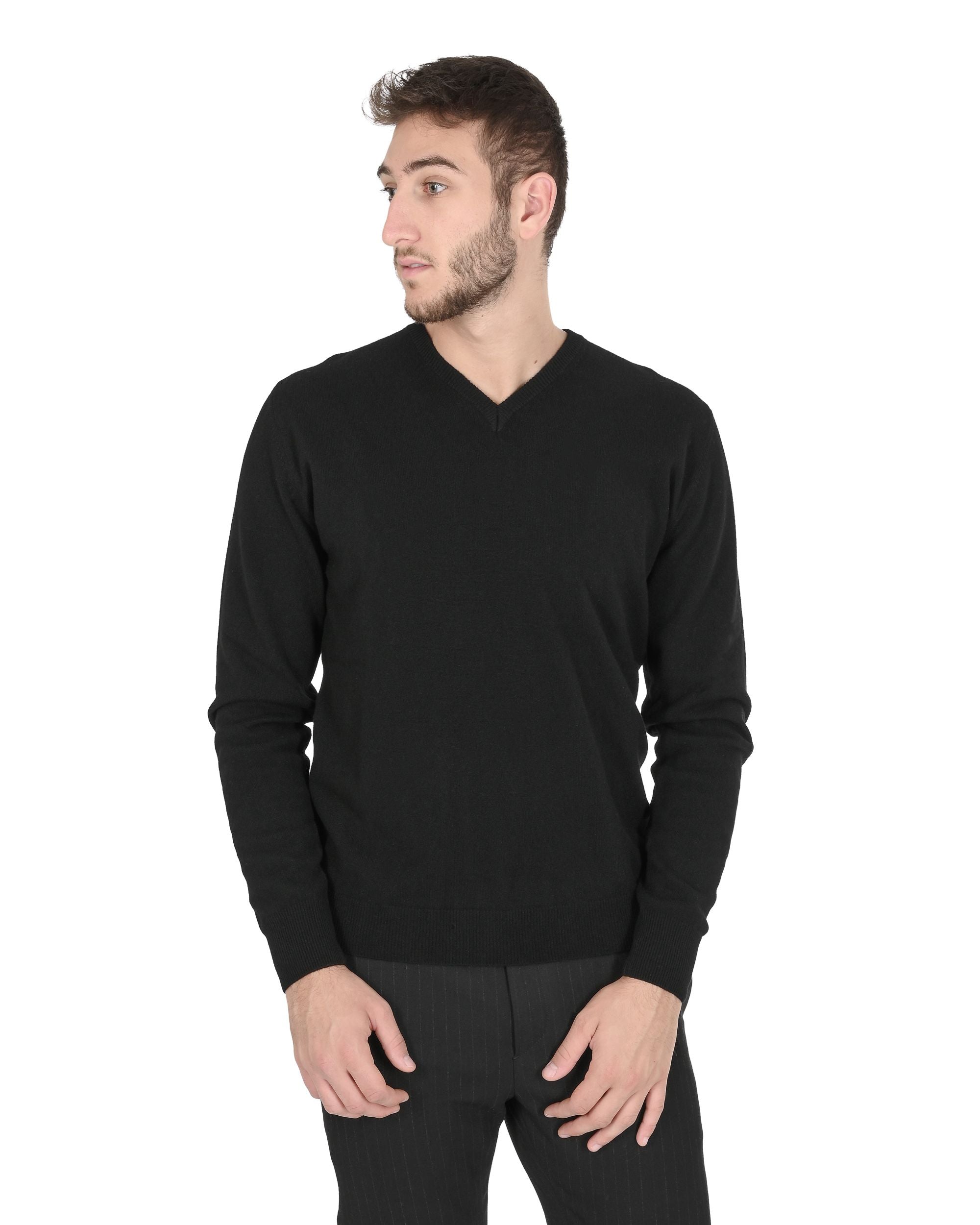 Maglione da uomo in cashmere con scollo a V Crown of Edinburgh COE 0012 NERO