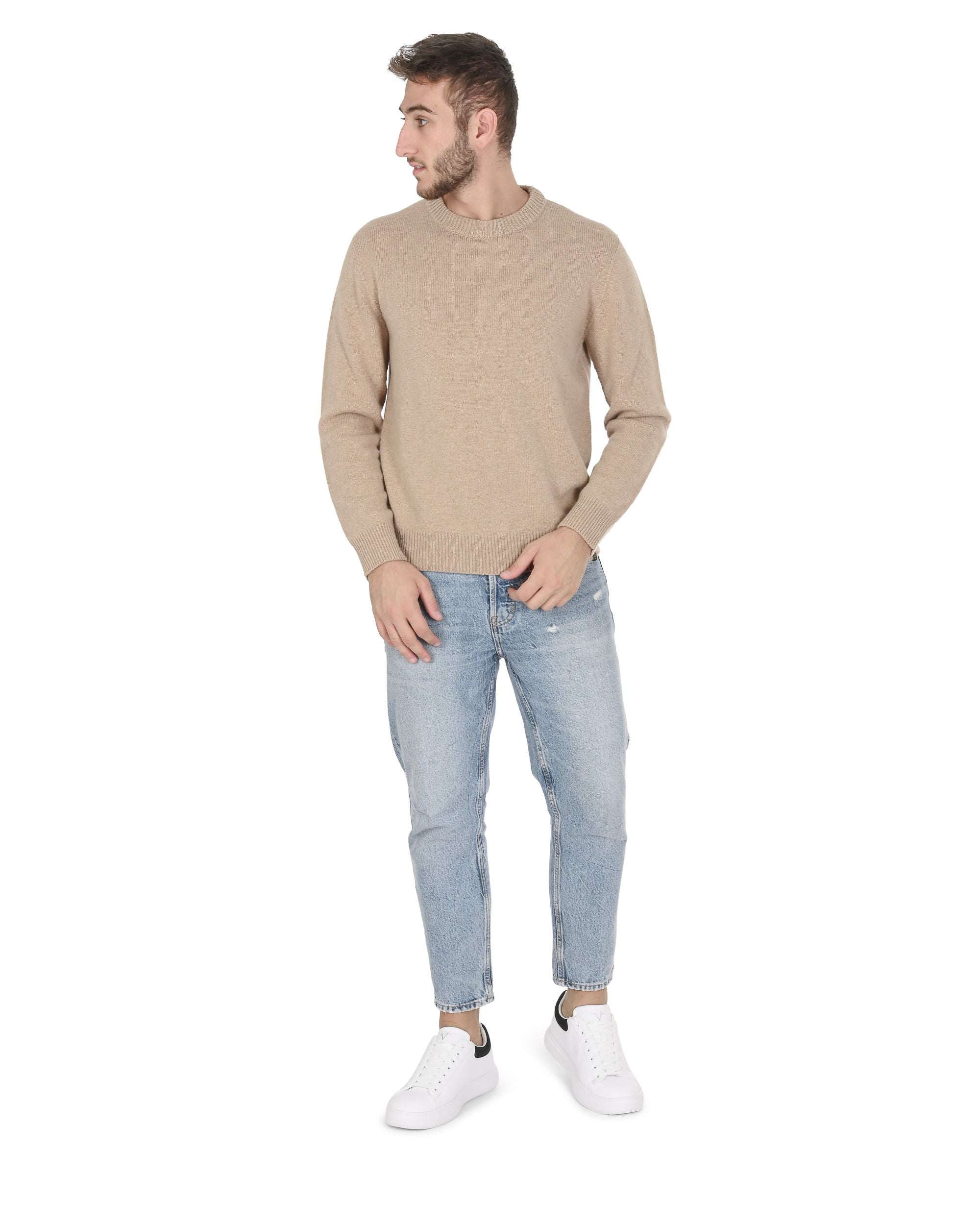 Maglione girocollo da uomo in cashmere Crown of Edinburgh COE 009 BEIGE