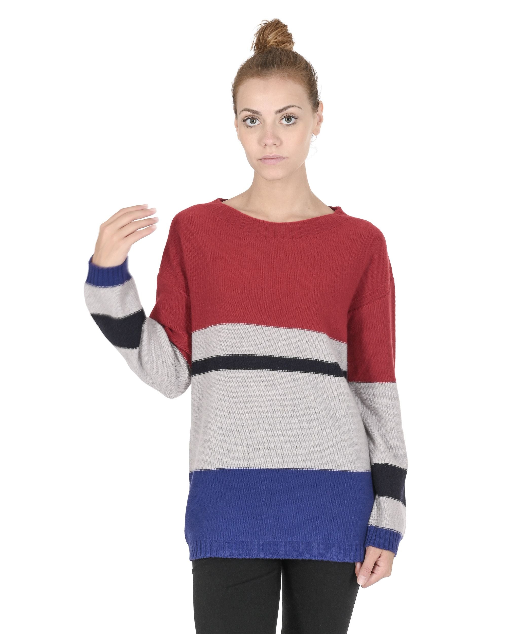 Maglione da donna in cashmere con scollo a barca Crown of Edinburgh COE 0017 ROSSO/GRIGIO/BLU