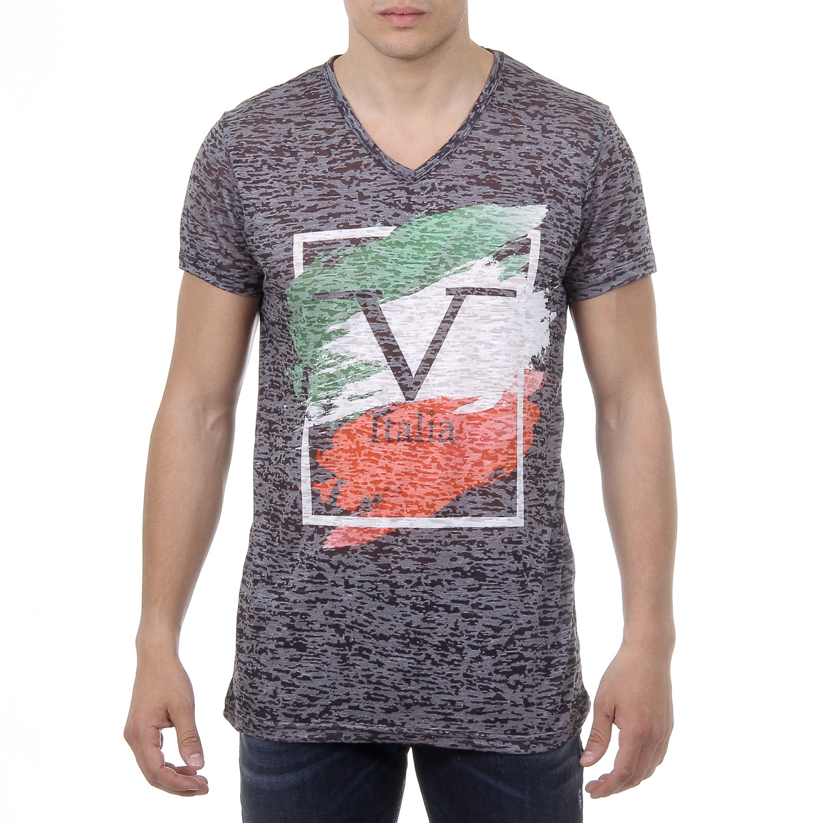 V 1969 Italia T-shirt da uomo a maniche corte con scollo a V, nera LUCAS