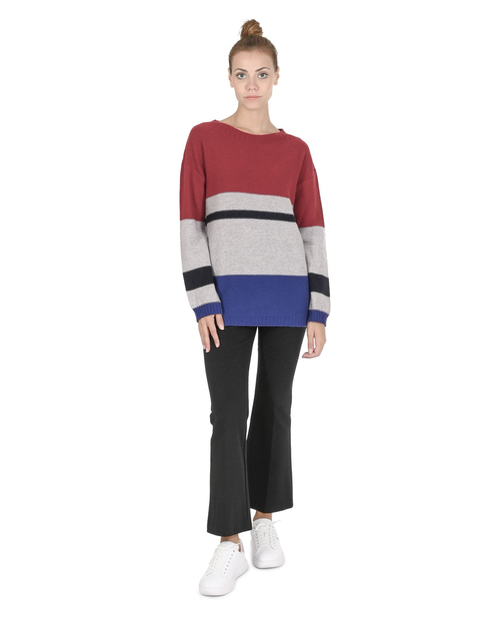 Maglione da donna in cashmere con scollo a barca Crown of Edinburgh COE 0017 ROSSO/GRIGIO/BLU