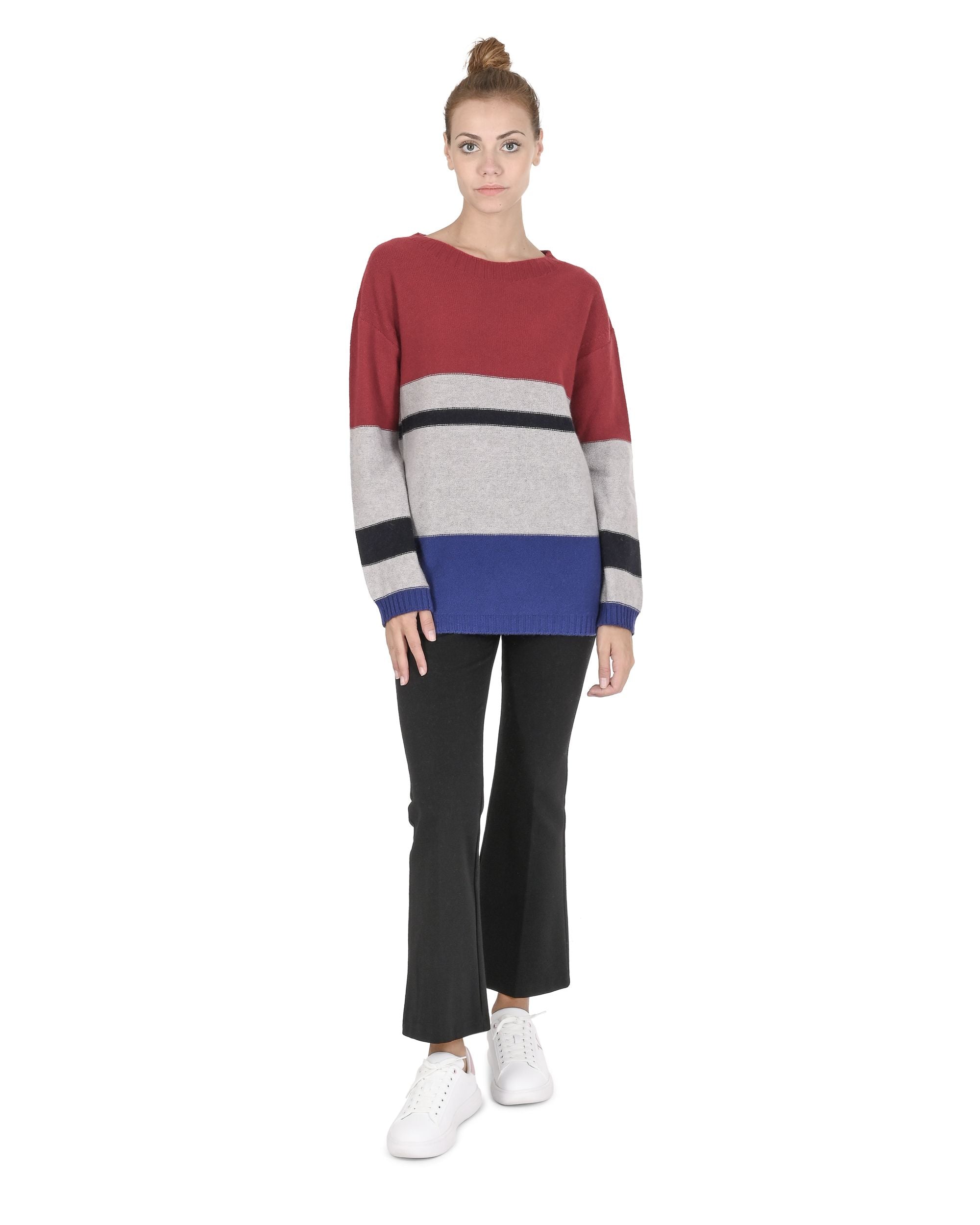 Maglione da donna in cashmere con scollo a barca Crown of Edinburgh COE 0017 ROSSO/GRIGIO/BLU