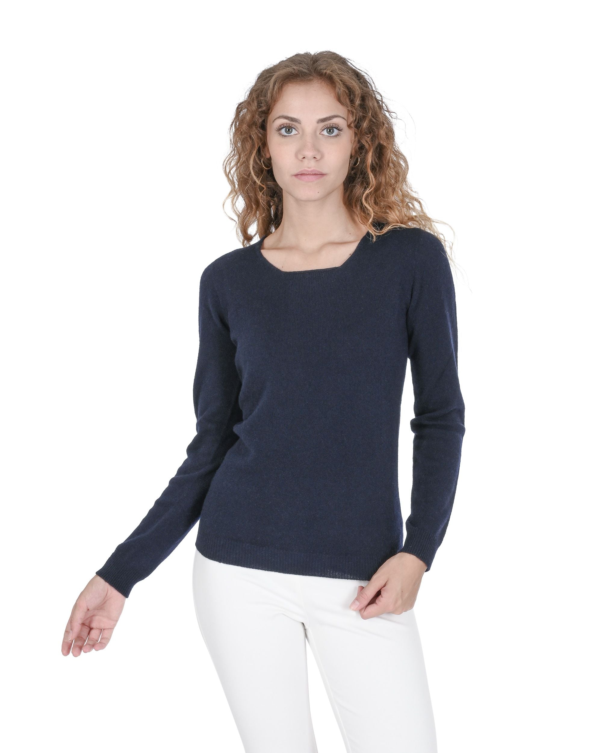 Maglione da donna in cashmere con scollo quadrato Crown of Edinburgh COE 0024 NAVY