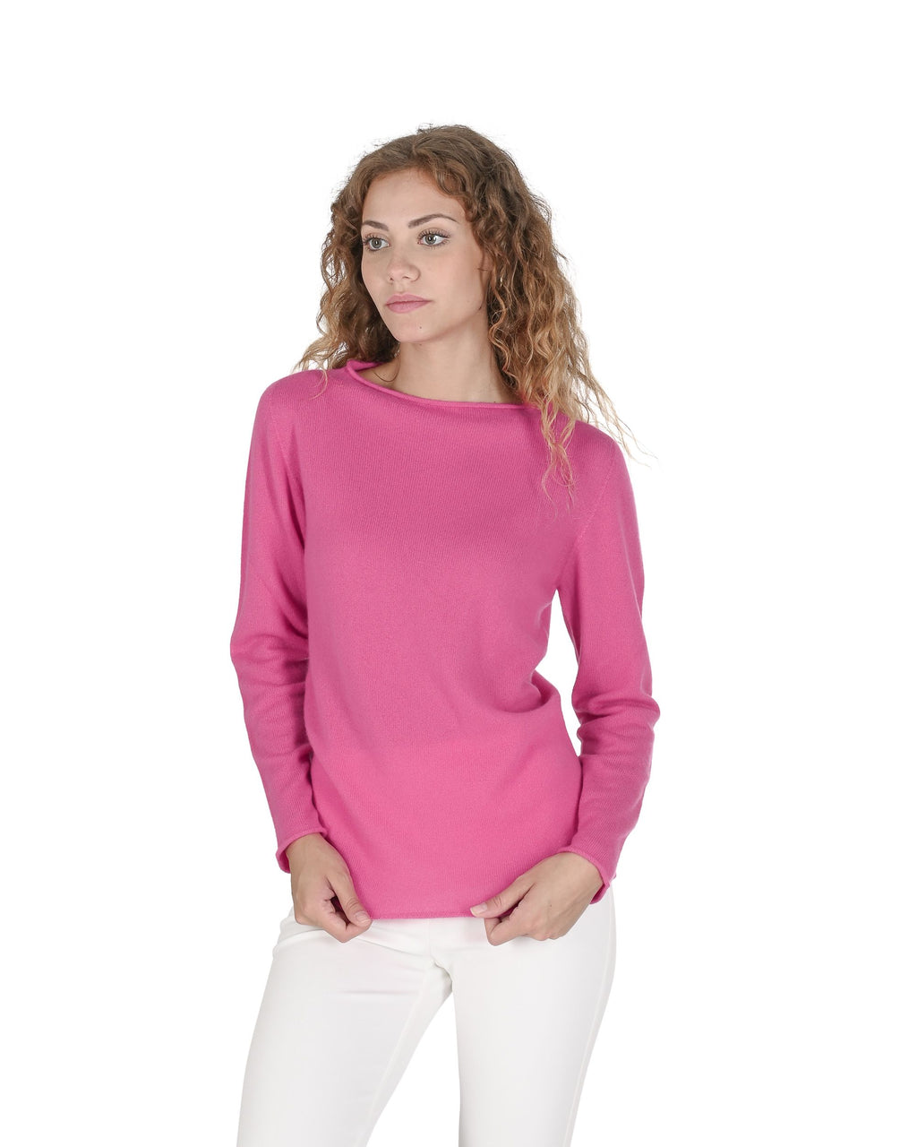 Maglione da donna in cashmere con scollo a barca Crown of Edinburgh COE 0025 FUSCHIA