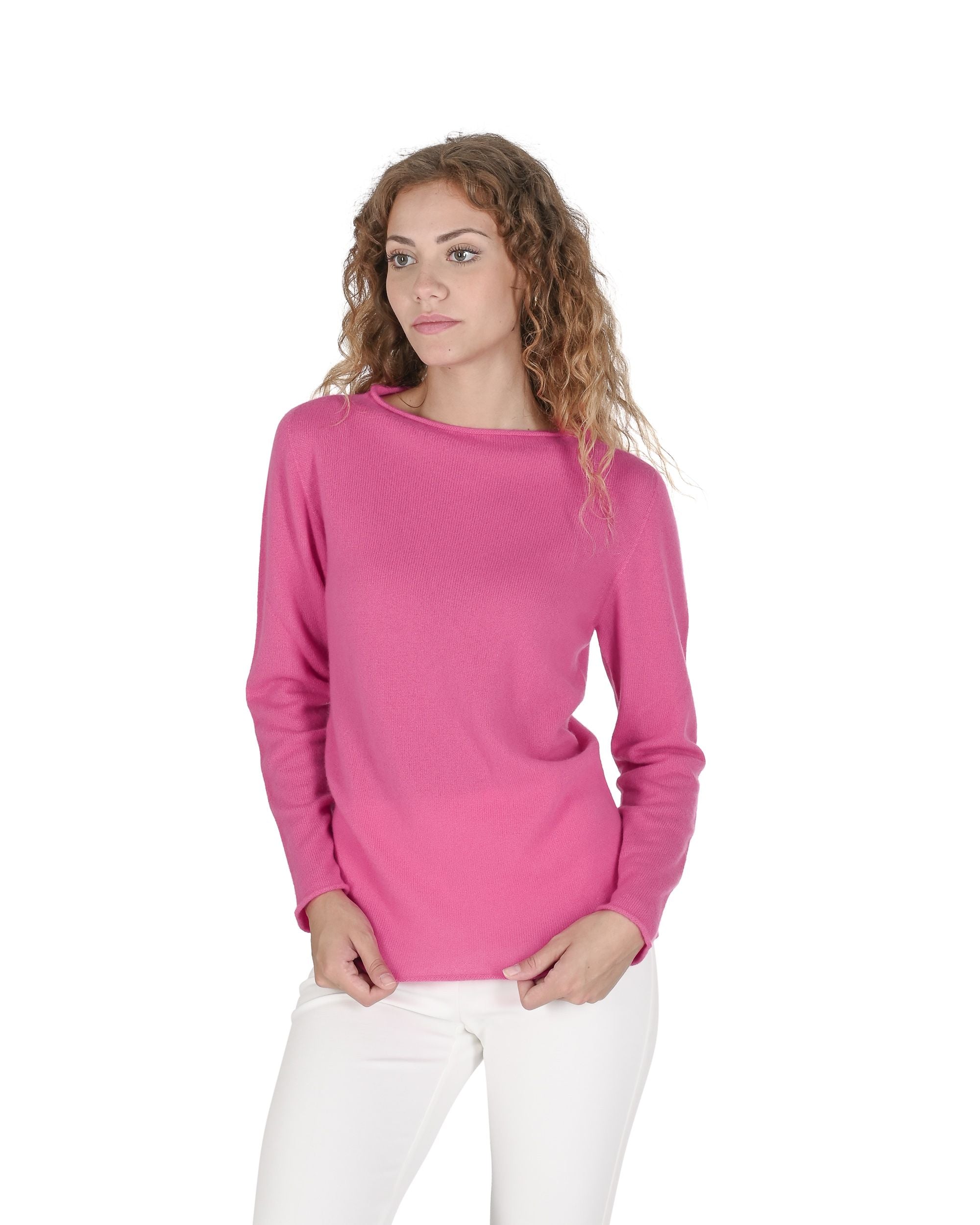 Maglione da donna in cashmere con scollo a barca Crown of Edinburgh COE 0025 FUSCHIA