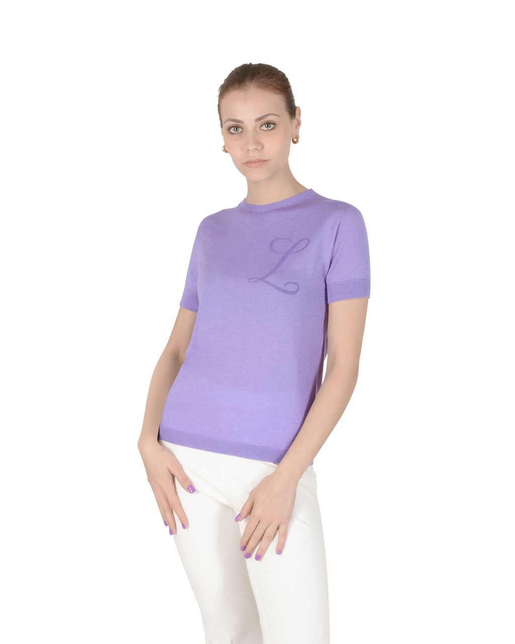 Maglia girocollo estiva in cashmere - Manica corta - Lilla