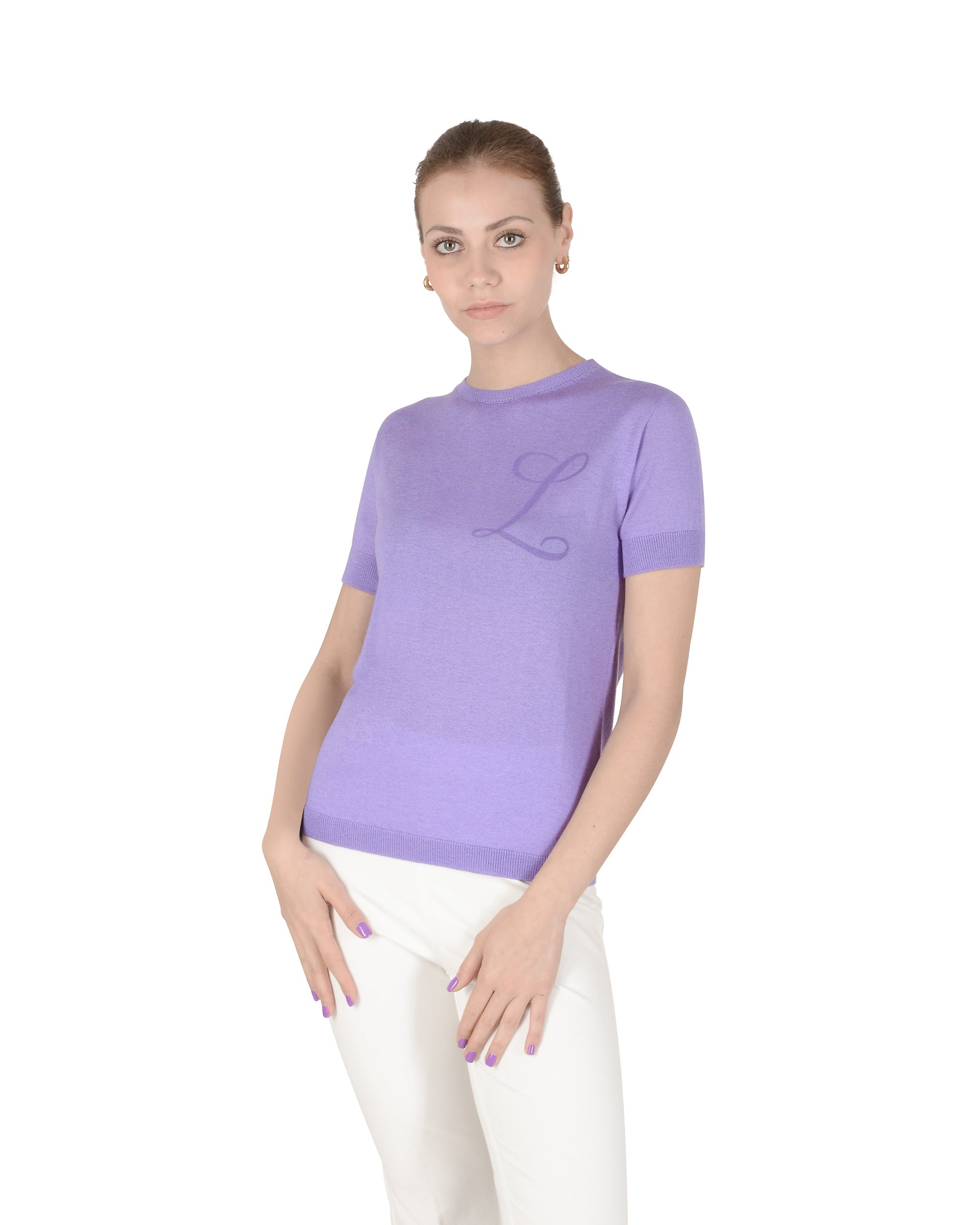 Maglia girocollo estiva in cashmere - Manica corta - Lilla