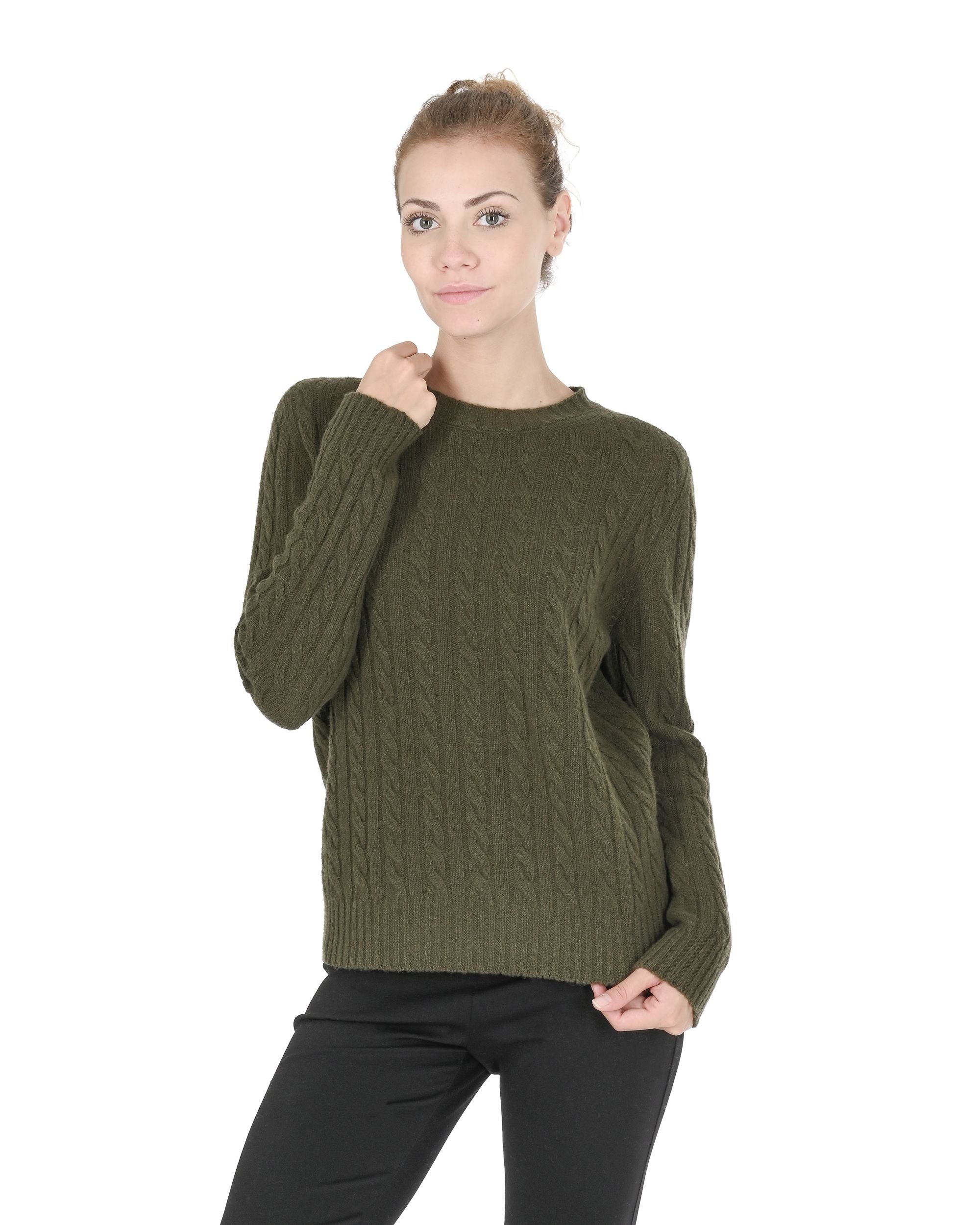 Maglione girocollo da donna in cashmere Crown of Edinburgh COE 0033 KHAKI