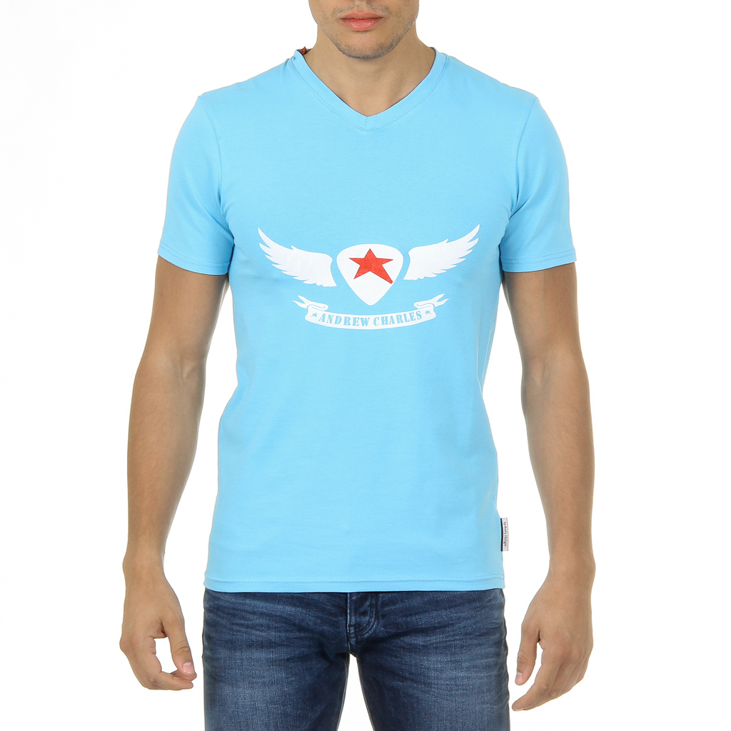 Andrew Charles T-shirt da uomo a maniche corte con scollo a V, colore azzurro KENAN