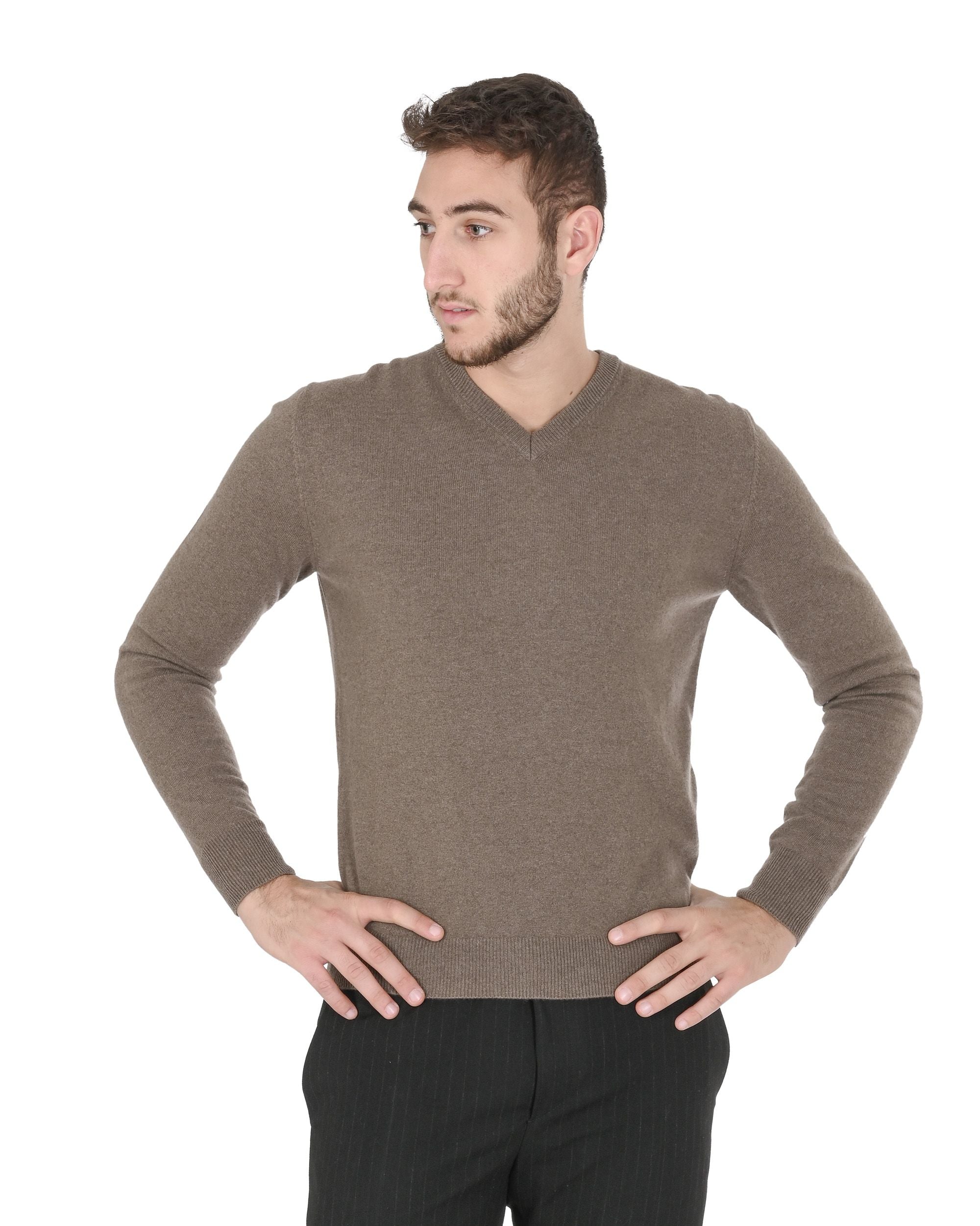 Maglione da uomo in cashmere con scollo a V Crown of Edinburgh COE 0012 TAUPE