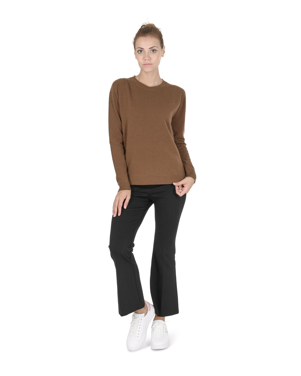 Maglione girocollo da donna in cashmere Crown of Edinburgh COE 0014 MARRONE CHIARO