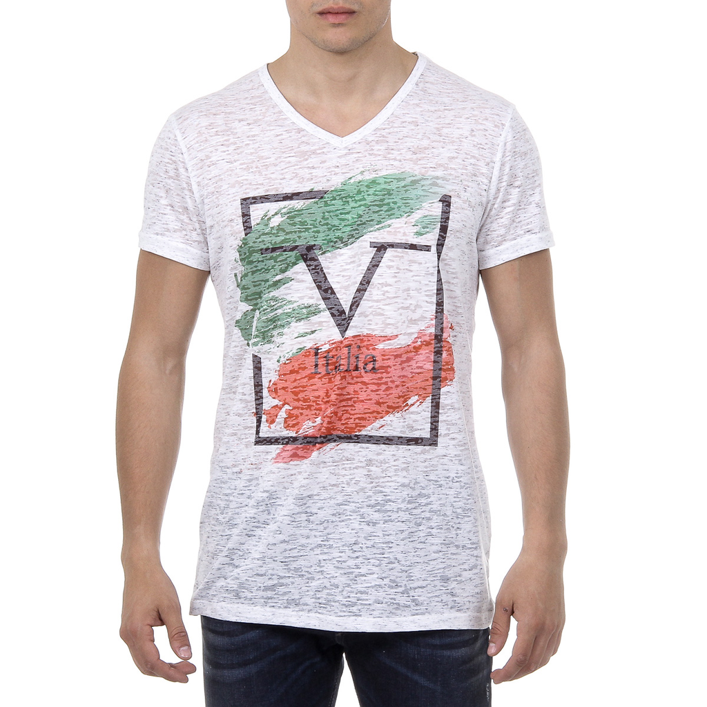 V 1969 Italia T-shirt da uomo a maniche corte con scollo a V bianca LUCAS