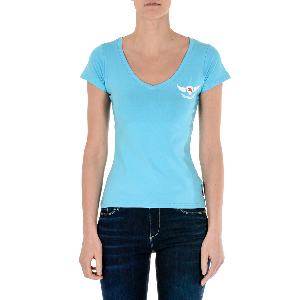Andrew Charles T-shirt da donna a maniche corte con scollo a V, colore azzurro TAPIWA