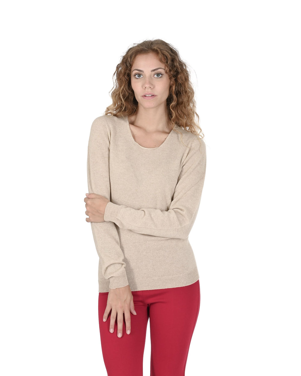 Maglione da donna in cashmere con scollo quadrato Crown of Edinburgh COE 0024 BEIGE