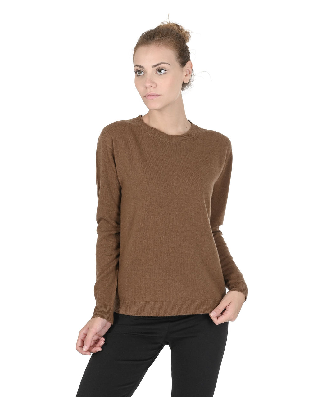 Maglione girocollo da donna in cashmere Crown of Edinburgh COE 0014 MARRONE CHIARO