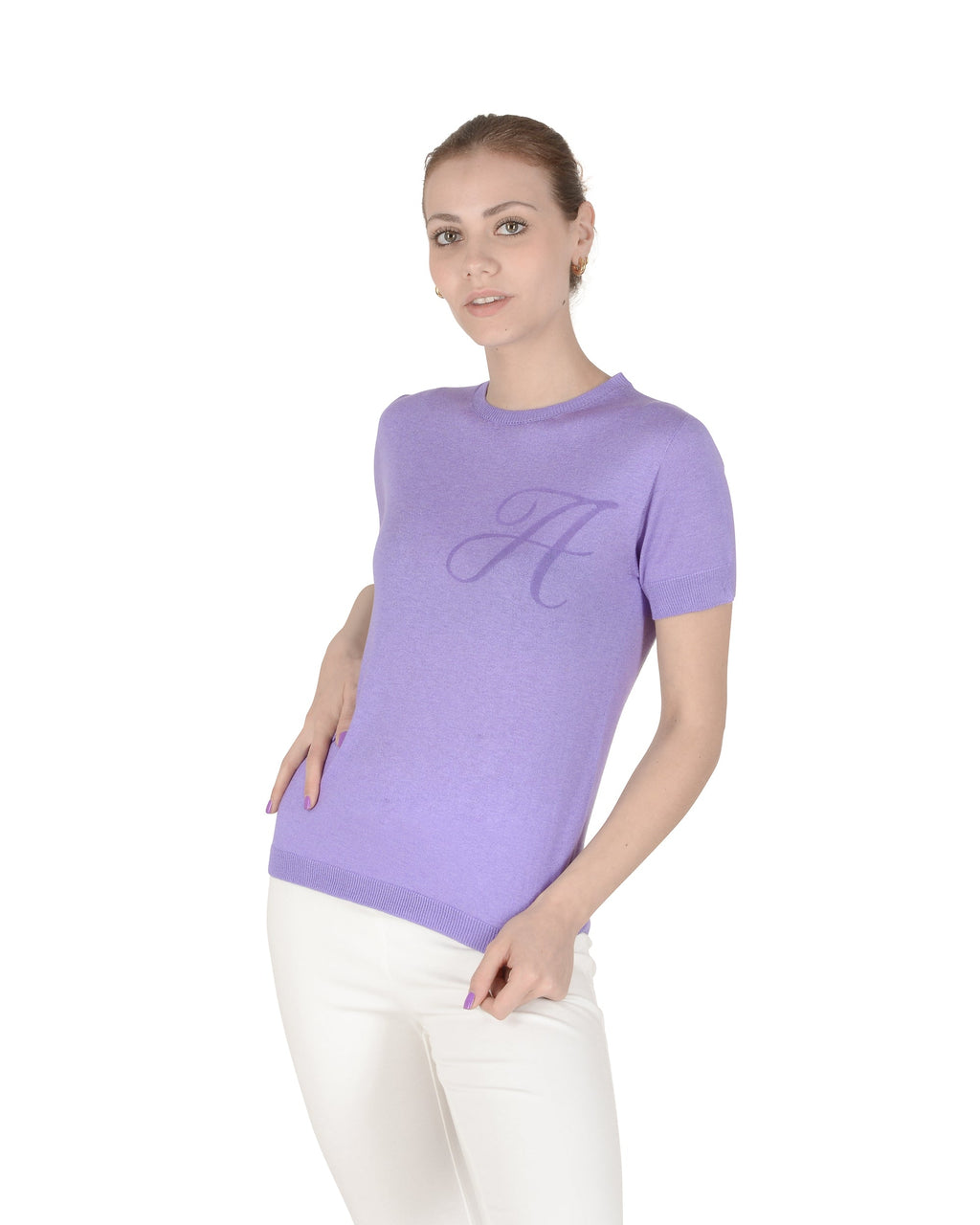 Maglia girocollo estiva in cashmere - Manica corta - Lilla