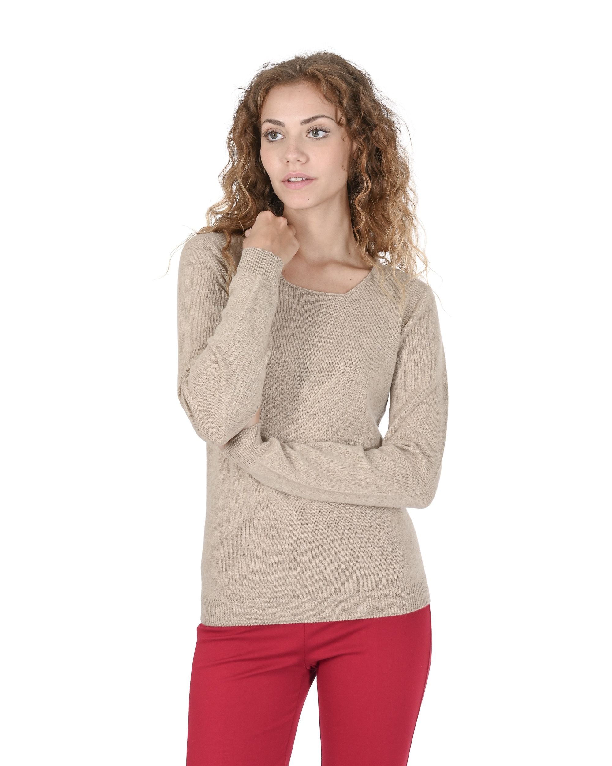 Maglione da donna in cashmere con scollo quadrato Crown of Edinburgh COE 0024 SAND
