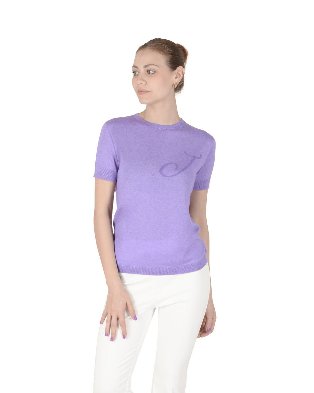 Maglia girocollo estiva in cashmere - Manica corta - Lilla