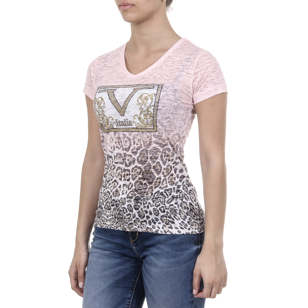 V 1969 Italia T-shirt da donna a maniche corte con scollo a V rosa EVELYN