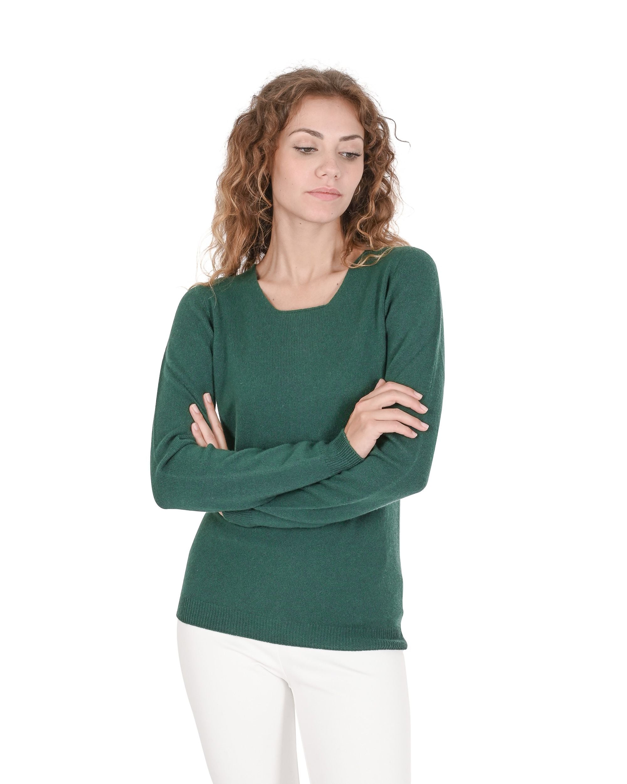 Maglione da donna in cashmere con scollo quadrato Crown of Edinburgh COE 0024 VERDE BOTTIGLIA