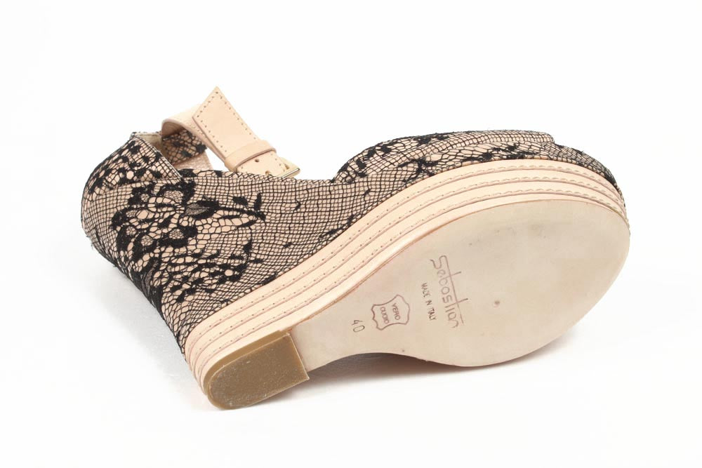 Sandalo espadrillas con zeppa da donna Sebastian Milano S6109 PIZZO SU RASO PIZZO SU RASO