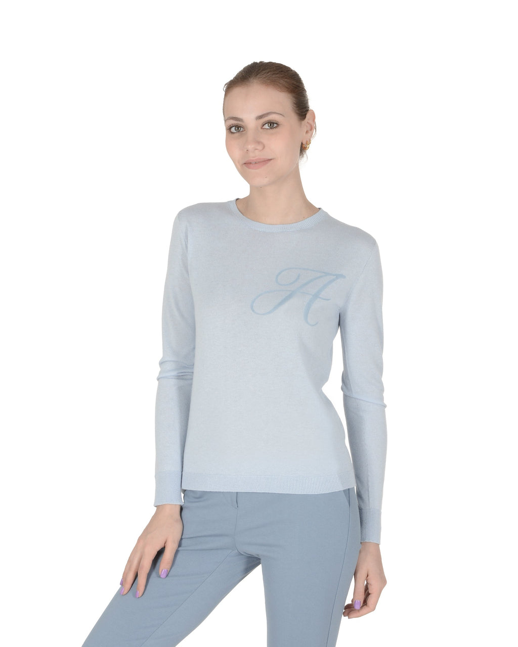 Maglia girocollo in cashmere estivo - Manica lunga - Azzurro