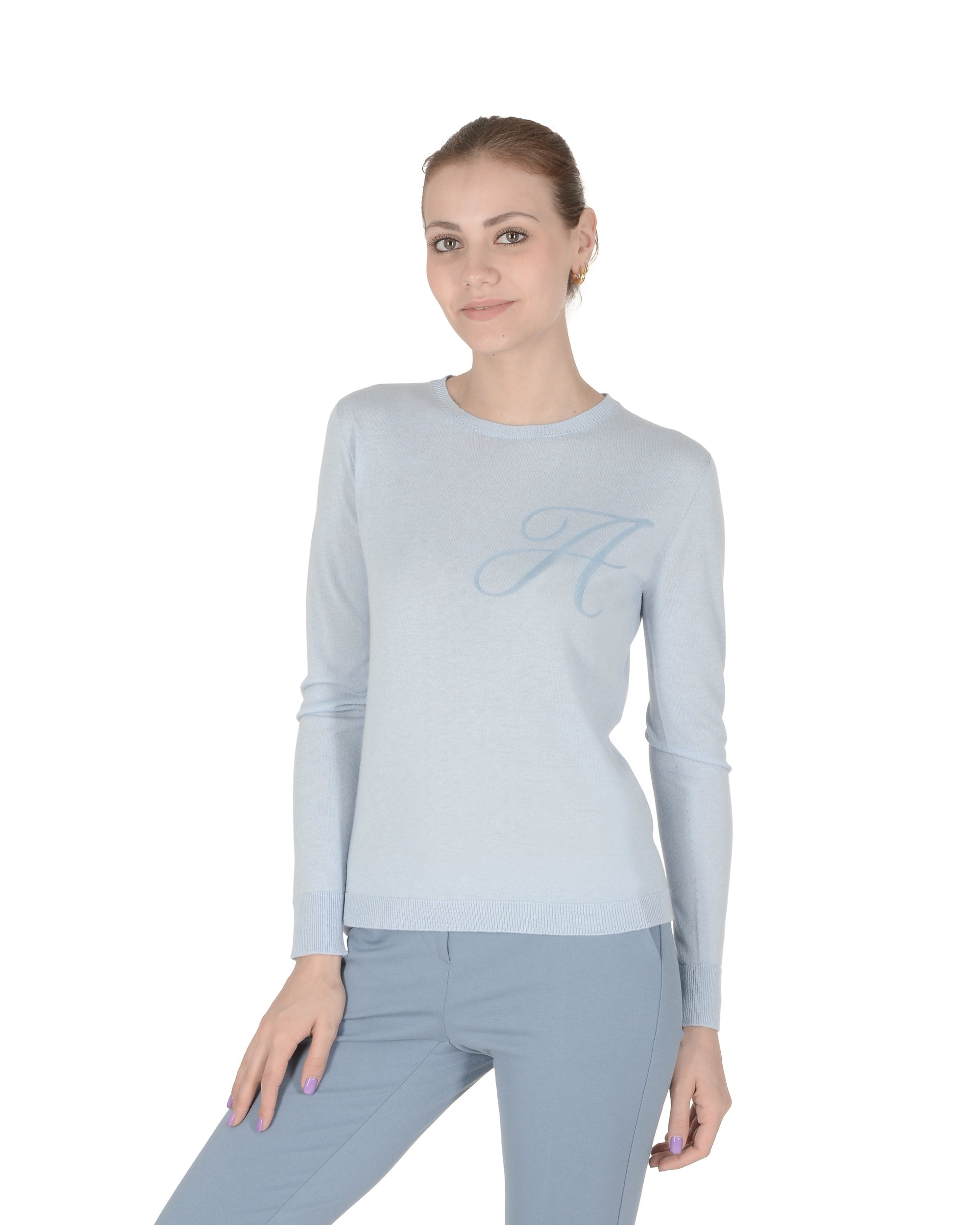 Maglia girocollo in cashmere estivo - Manica lunga - Azzurro