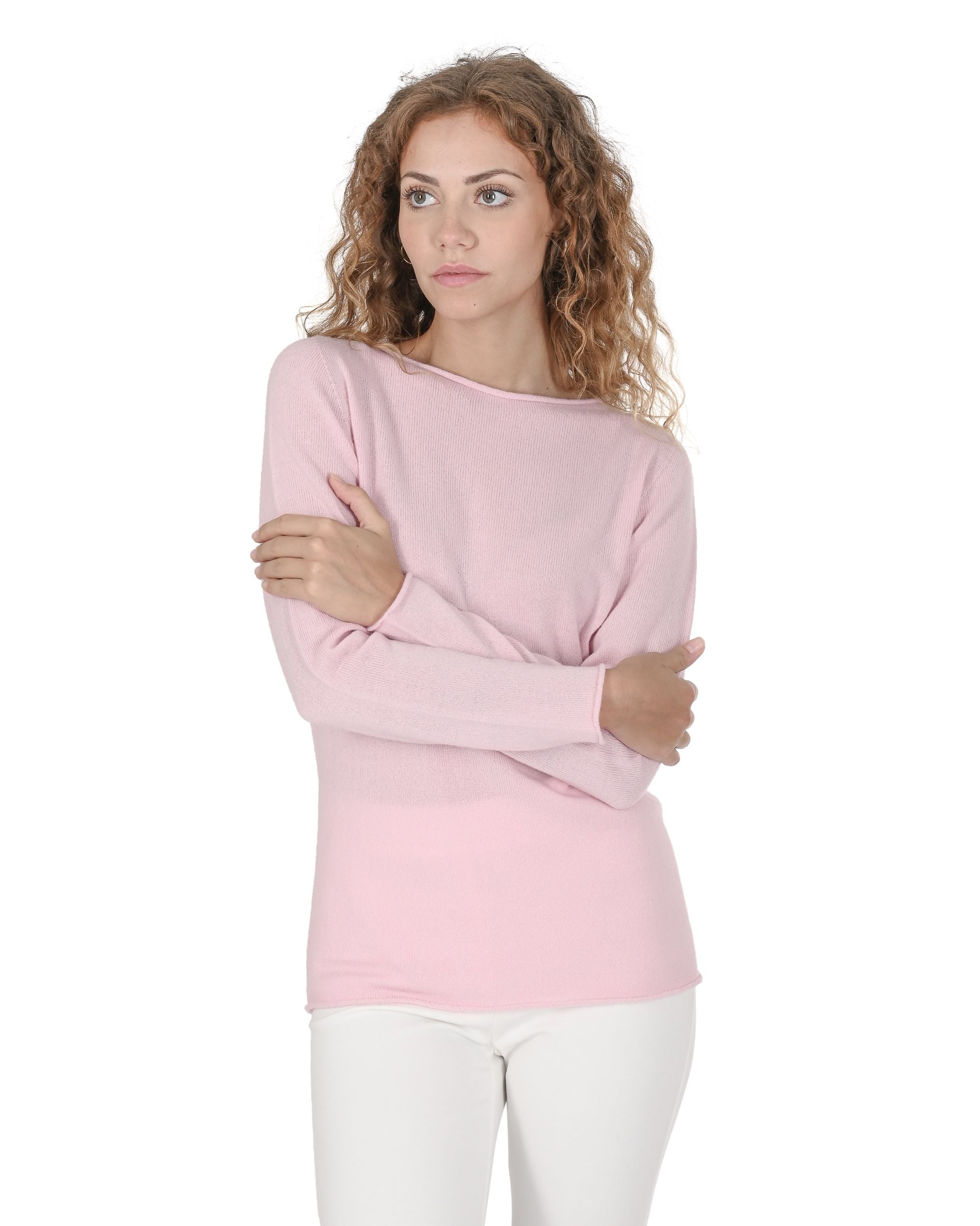 Maglione da donna con scollo a barca in cashmere Crown of Edinburgh COE 0025 ROSA CHIARO