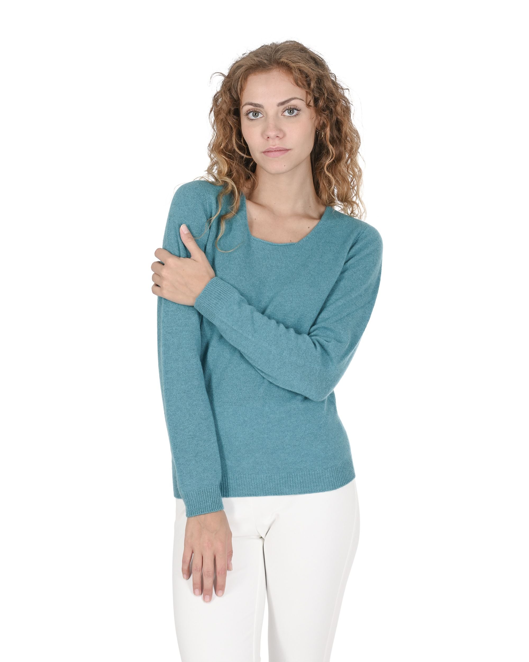 Maglione da donna in cashmere con scollo quadrato Crown of Edinburgh COE 0024 TURCHESE