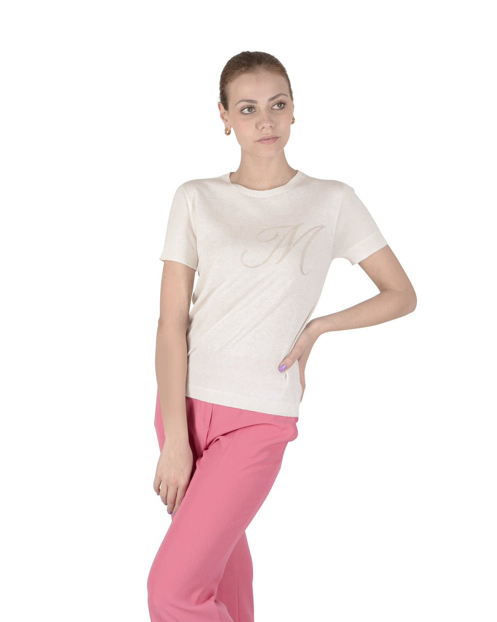 Maglia girocollo estiva in cashmere - Manica corta - Avorio