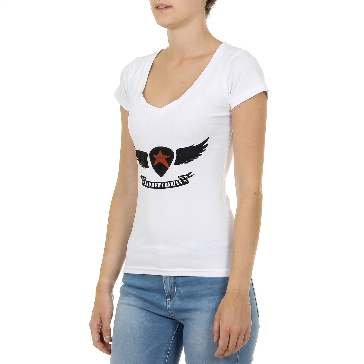 Andrew Charles T-shirt da donna a maniche corte con scollo a V, bianca TAPIWA