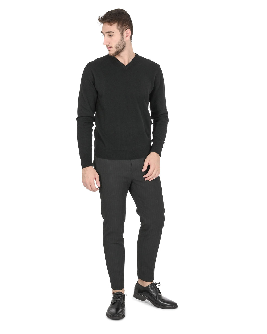 Maglione da uomo in cashmere con scollo a V Crown of Edinburgh COE 0012 NERO