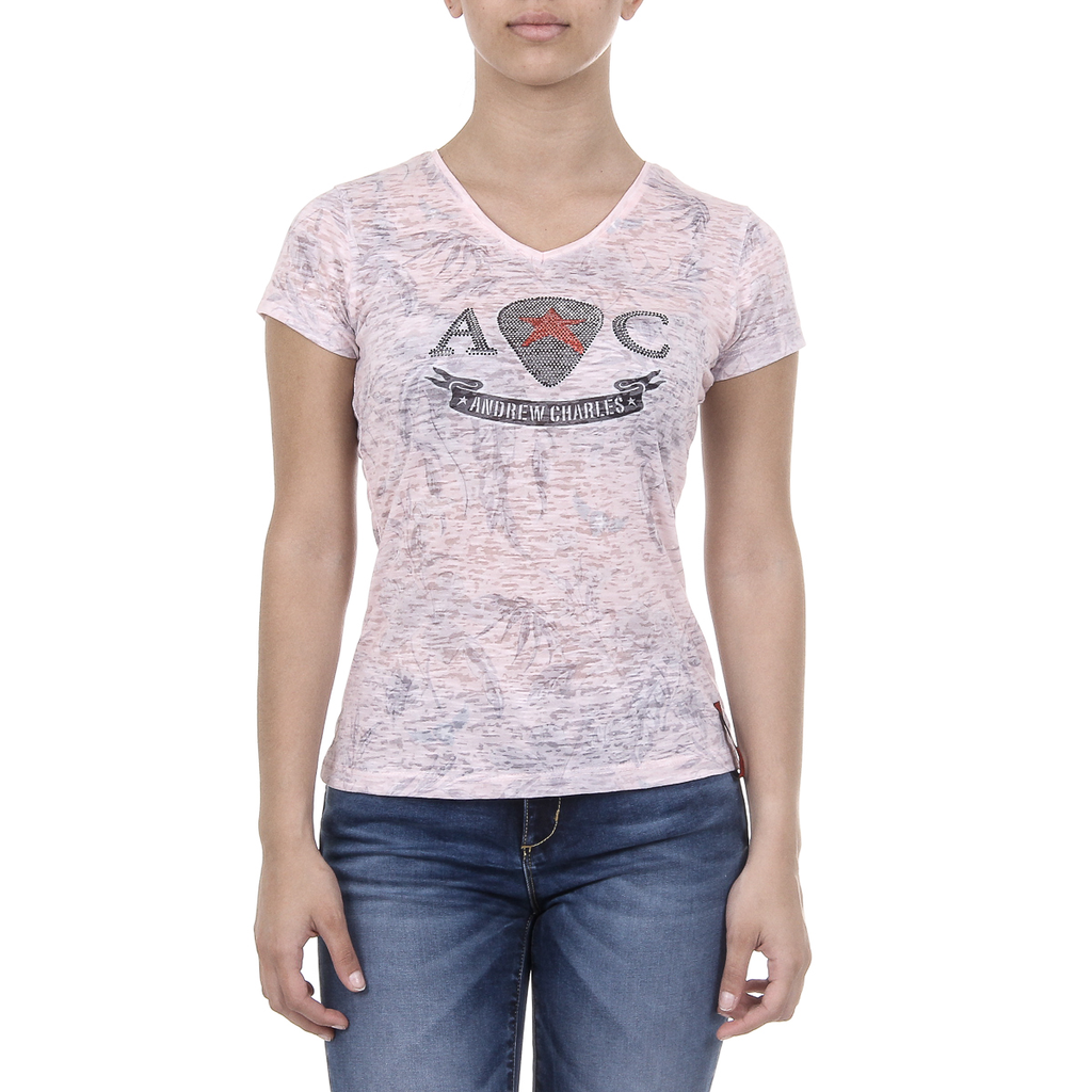 Andrew Charles T-shirt da donna a maniche corte con scollo a V rosa ALEXA
