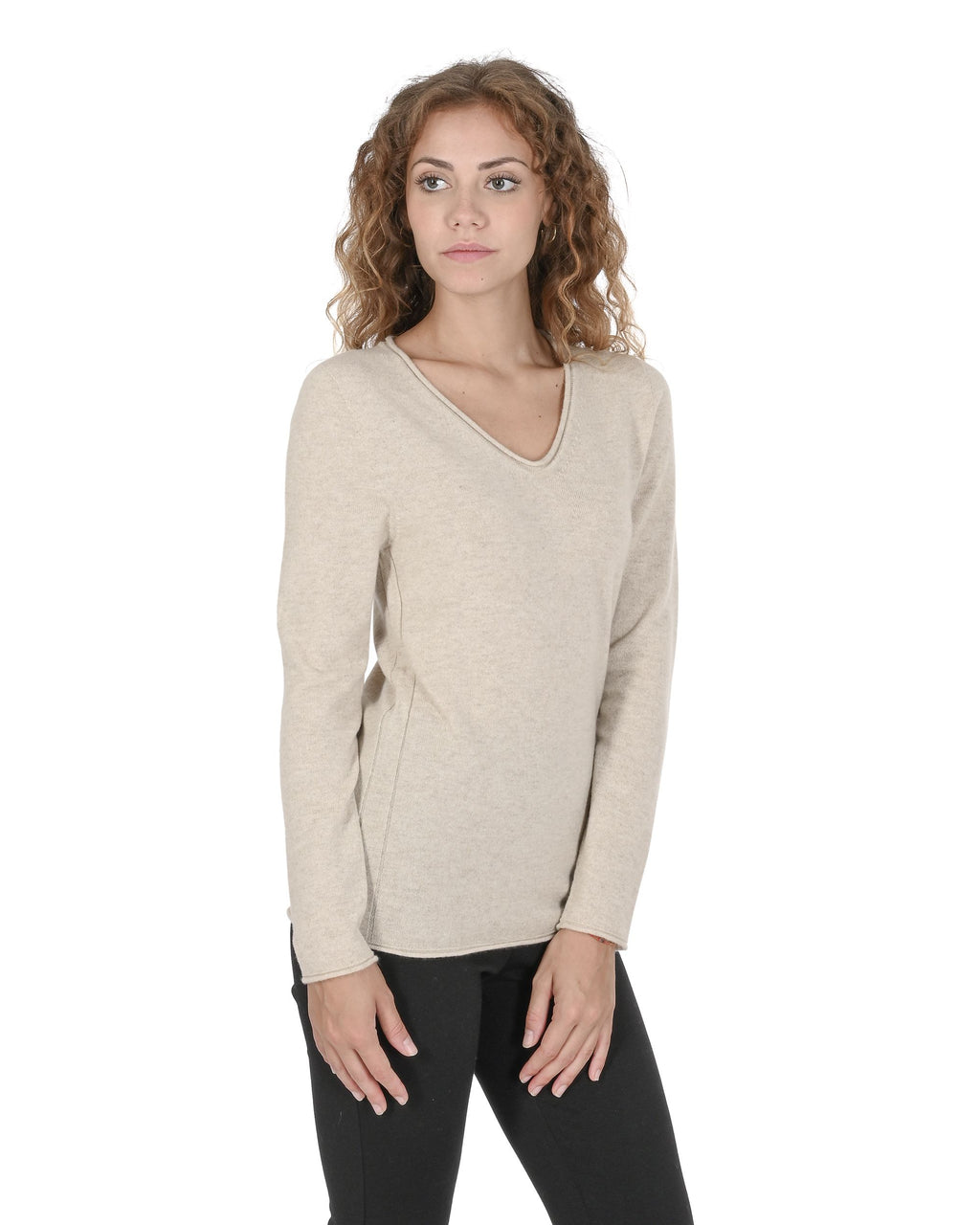 Maglione da donna con scollo a V in cashmere Crown of Edinburgh COE 0022 BEIGE