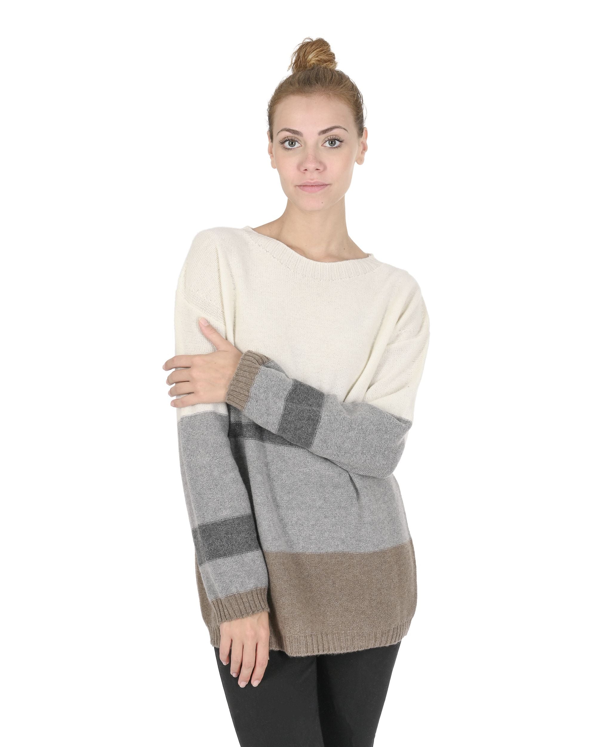 Maglione da donna in cashmere con scollo a barca Crown of Edinburgh COE 0017 GRIGIO/CREMA/TORTORA