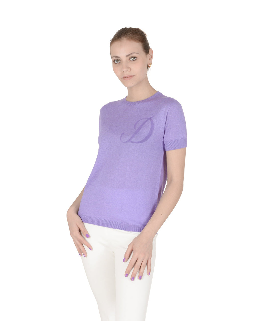 Maglia girocollo estiva in cashmere - Manica corta - Lilla