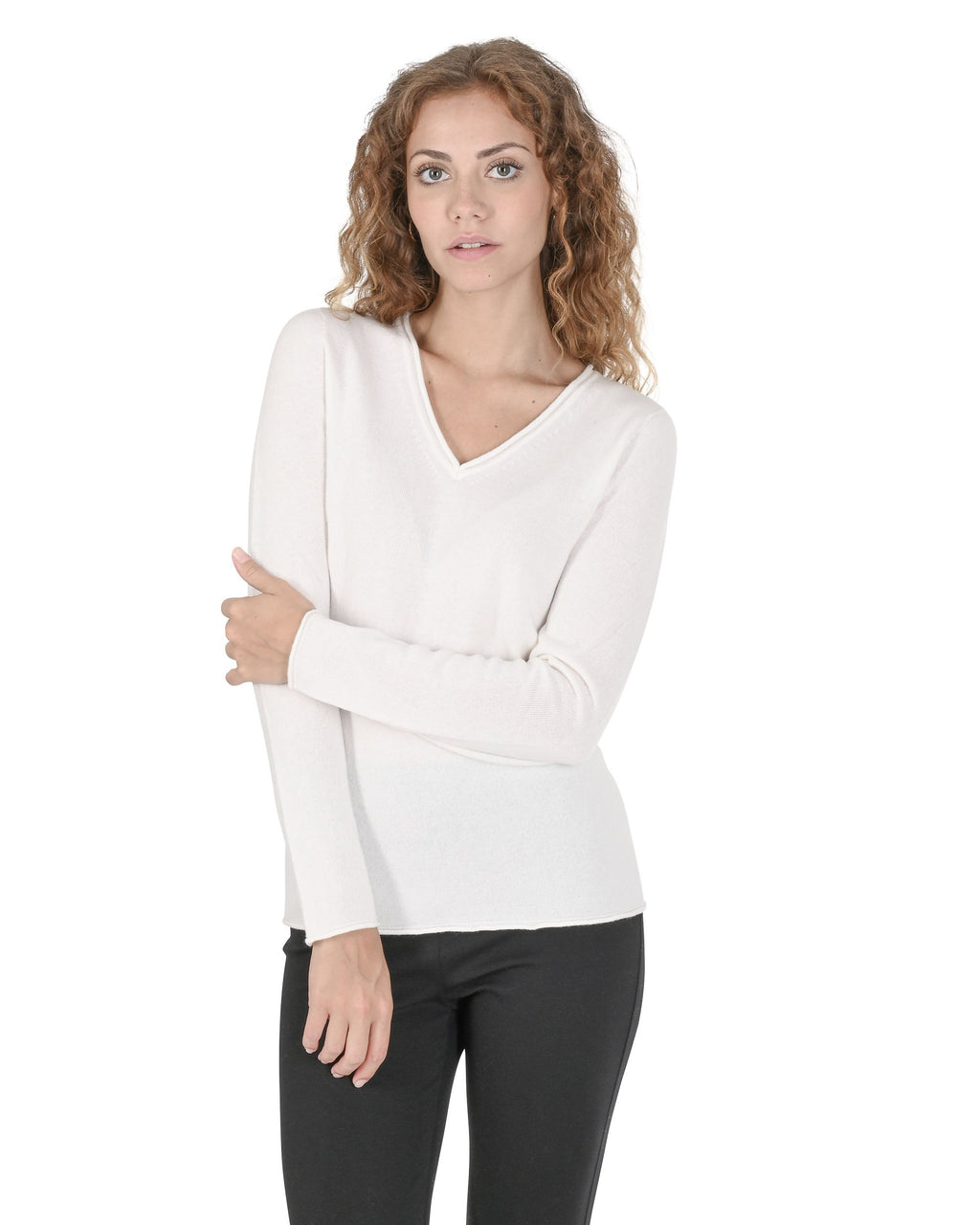 Maglione da donna con scollo a V in cashmere Crown of Edinburgh COE 0022 BIANCO SPORCO