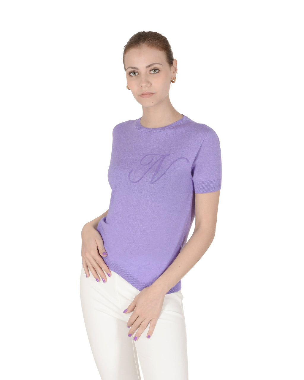 Maglia girocollo estiva in cashmere - Manica corta - Lilla