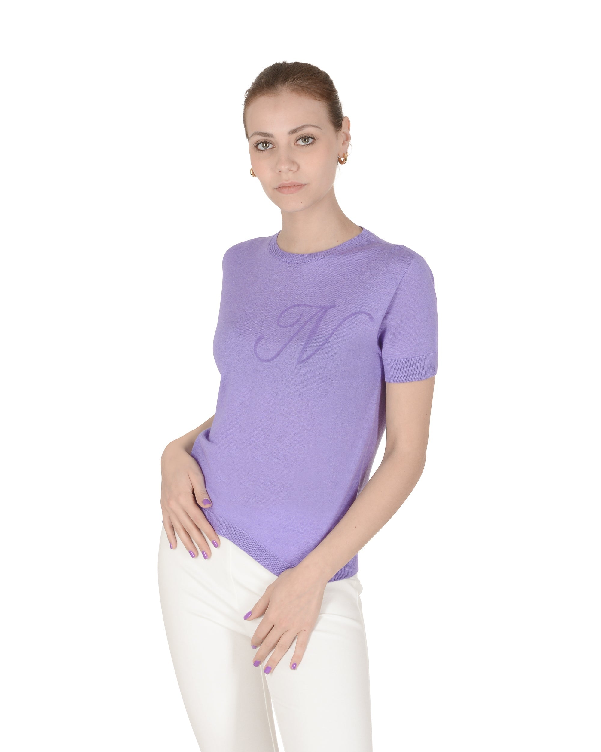 Maglia girocollo estiva in cashmere - Manica corta - Lilla
