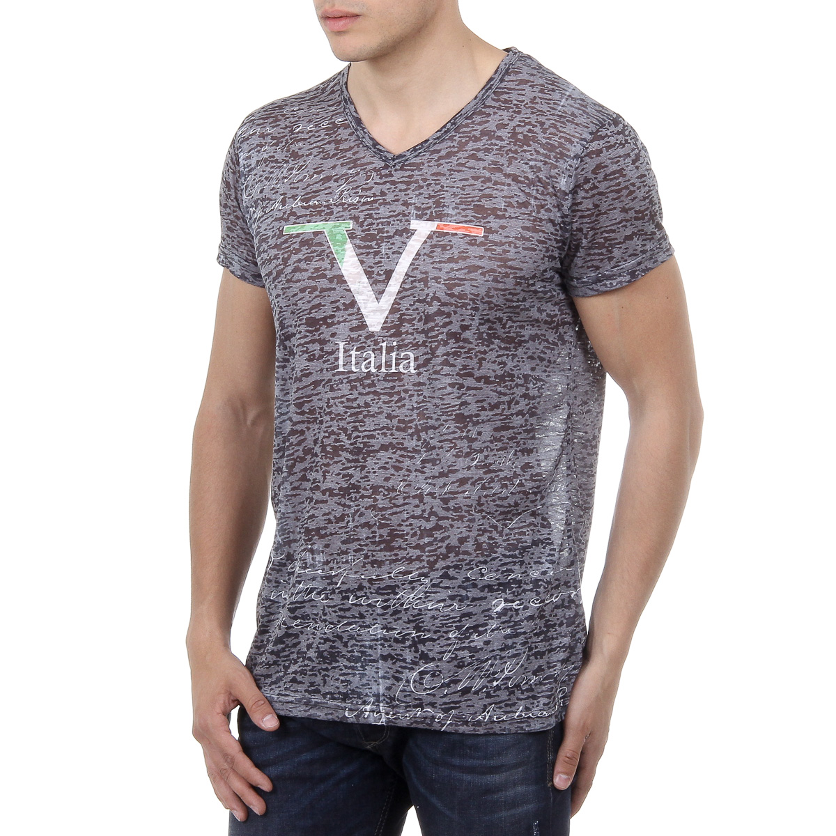 V 1969 Italia T-shirt da uomo a maniche corte con scollo a V, nera JACOB