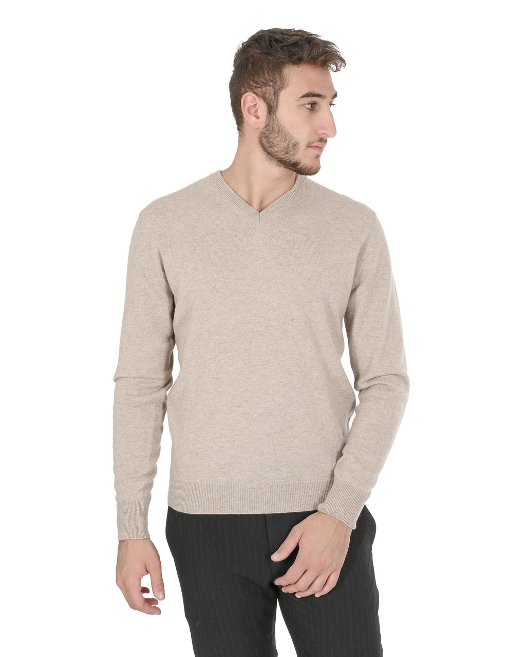 Maglione da uomo in cashmere con scollo a V Crown of Edinburgh COE 0012 BEIGE