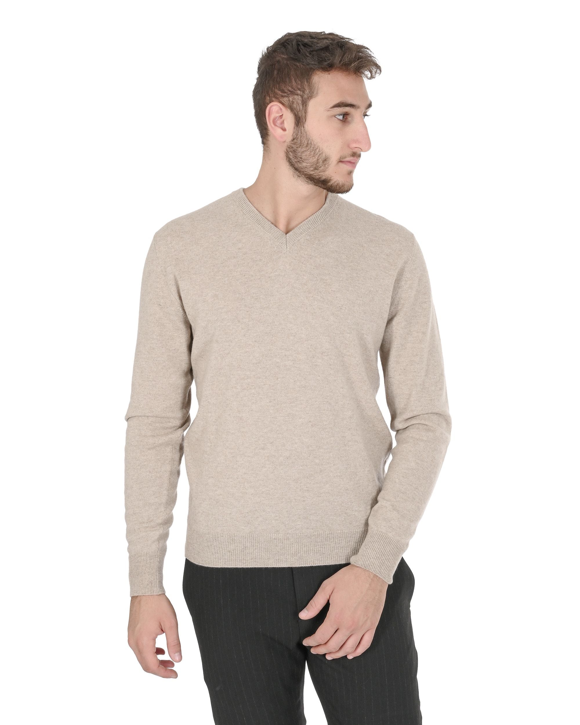 Maglione da uomo in cashmere con scollo a V Crown of Edinburgh COE 0012 BEIGE