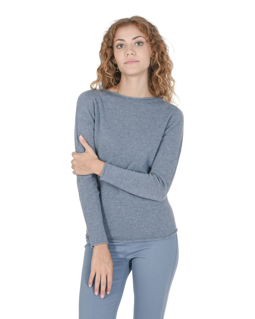 Maglione da donna con scollo a barca in cashmere Crown of Edinburgh COE 0025 AZZURRO