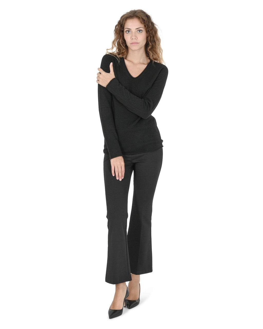 Maglione da donna con scollo a V in cashmere Crown of Edinburgh COE 0022 NERO