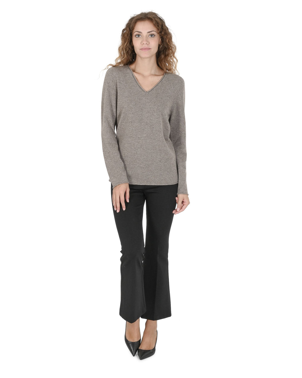 Maglione da donna con scollo a V in cashmere Crown of Edinburgh COE 0022 TAUPE