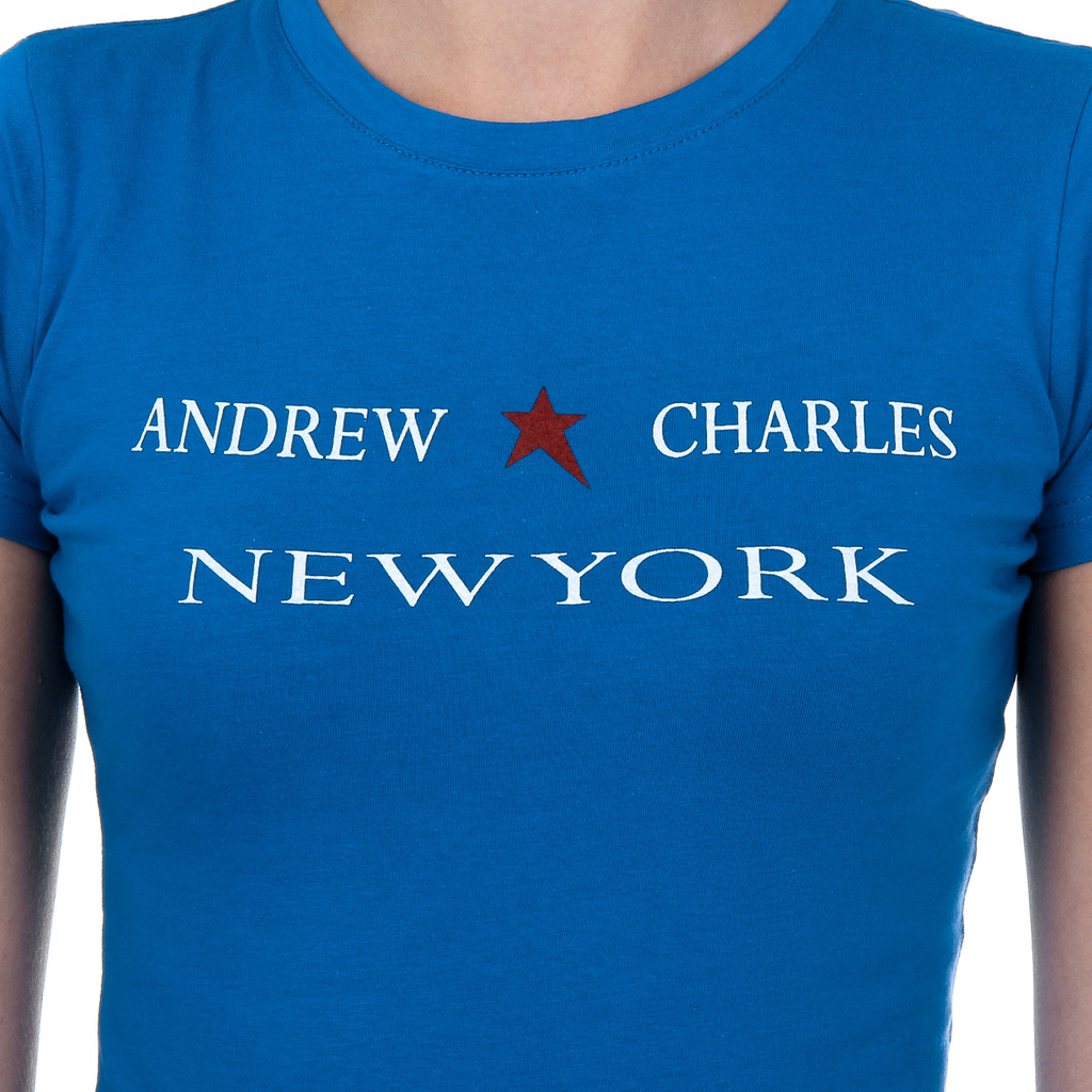 Andrew Charles Maglietta da donna a maniche corte con scollo rotondo blu TARANA