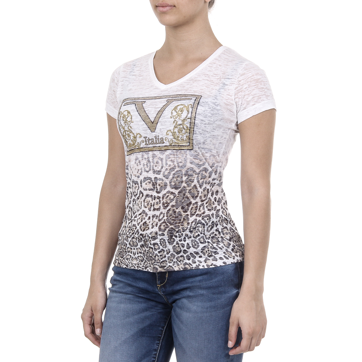 V 1969 Italia T-shirt da donna a maniche corte con scollo a V bianca EVELYN